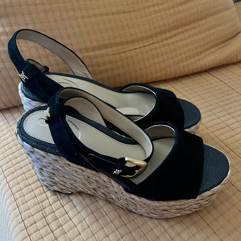 Sam Edelman Black Suede Espadrille Wedge Sandals with Gold Buckle